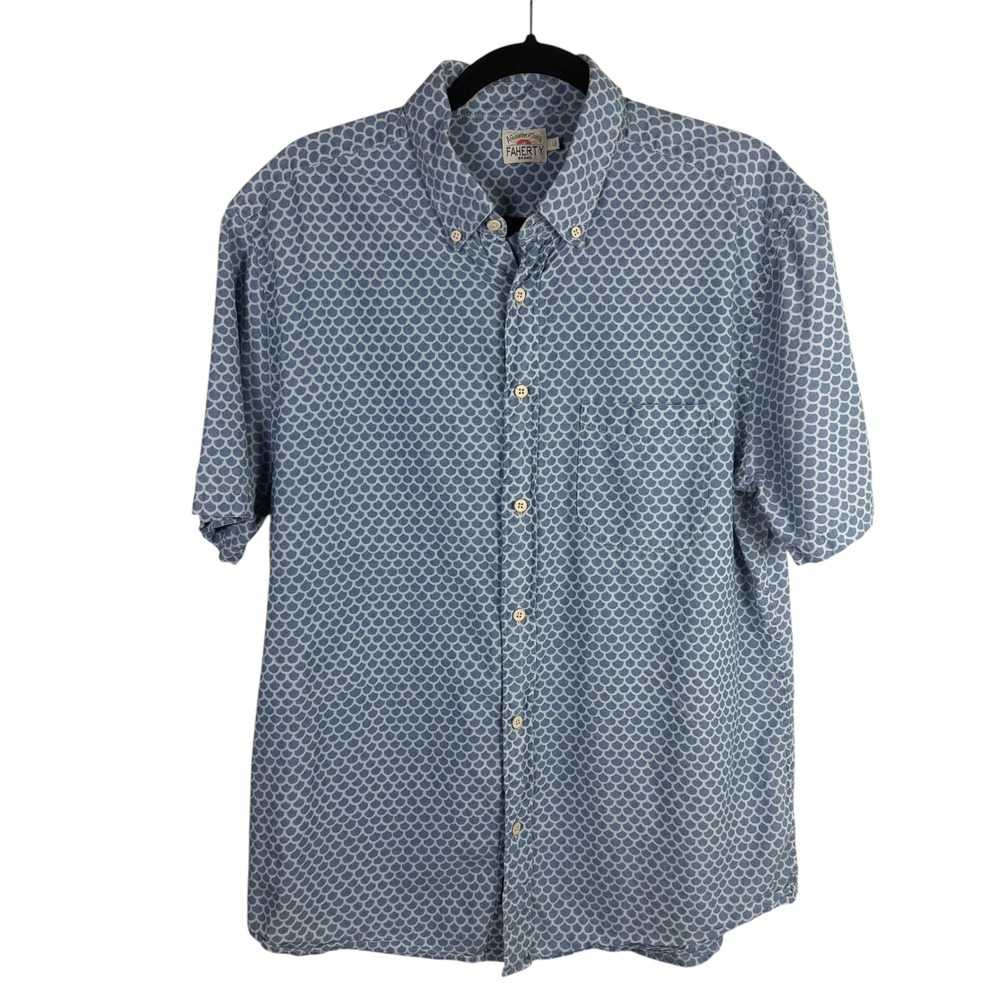 Faherty Men's Short Sleeve Button Down Shirt Size Large Blue Cream